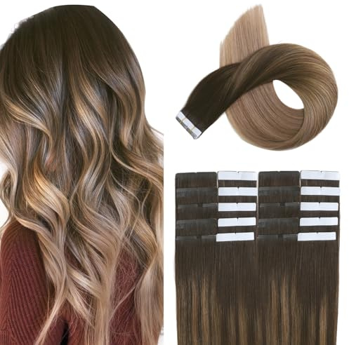 XDhair Tape Extensions Echthaar DunkelBraun bis Schmutzige Blond Balayage | 35cm 20pcs 50g,Extensions Echthaar,Invisible Tape in Extensions Echthaar Seidig Gerade Remy #2/6/18