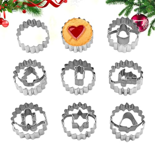Cortador de galletas navideño, cortador de galletas, 9 moldes redondos de acero inoxidable, anillos decorativos para panadería, estrellas, árbol de navidad, muñeco de especia, suministros de anni