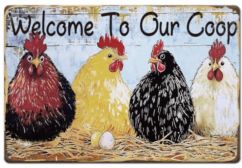 SUPERDANT Insegne in metallo con gallina, cartello in latta con scritta Welcome to our Coop (lingua italiana non garantita) con animali della fattoria, poster artistico in ferro, per casa, soggiorno