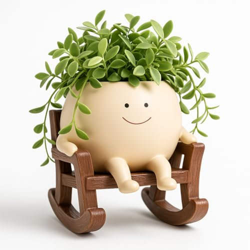 Smiley Face Planter Pot with Rocking Chair Base, Large Size, Resin Indoor Outdoor Flowerpot for Succulents, Cacti, String of Pearls, Fun Decorative Gift for Home, Garden, Desk, Kids’ Rooms