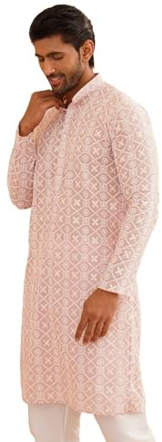 Sojanya (Since 1958 Men'S Ethnic Motifs Embroidered Regular Thread Work Cotton Pink Long Kurta