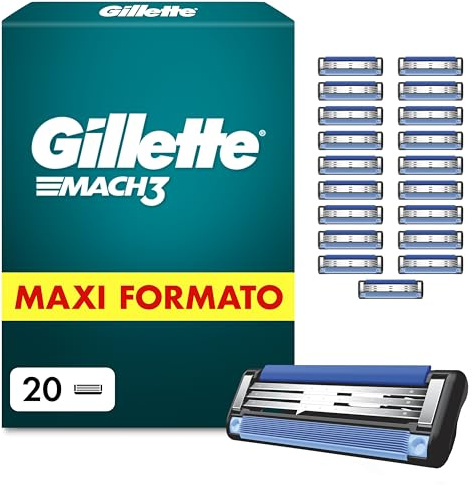 Gillette Lamette Mach 3, 20 Cartucce per Rasoio Barba Uomo, Multicolore | 20 Lamette Uomo di Ricambio per Rasoio Barba Manuale, Striscia Lubrificante e 3 Lame per Rasatura Profonda e Duratura