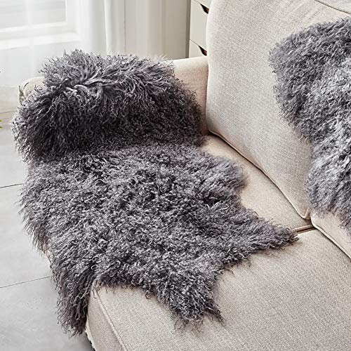 Lujosa alfombra de piel de oveja tibetana de Mongolia, 100 % lana, suave, rizada, para área o sillón, color gris, 60 x 95 cm