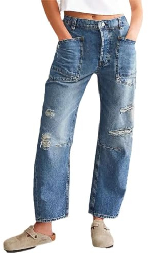 ticticlily Jeanshose Damen Weites Bein Stretch Mid Waist Straight Leg Jeans Knöchelhosen Casual Löchern Denim Hosen Freizeit Mom Fit Hosen A2 Blau S