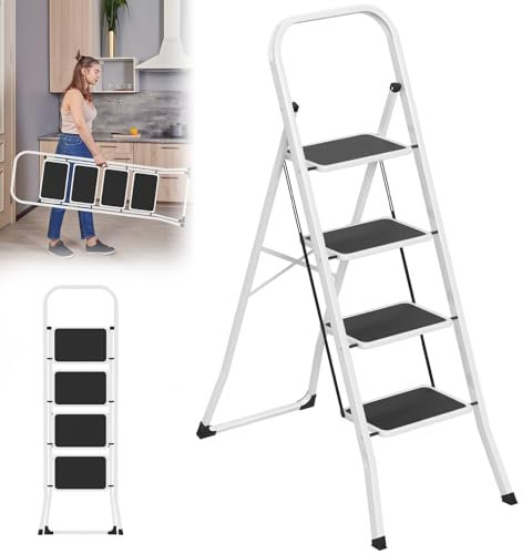 LARS360 Scala pieghevole a 4 livelli, in acciaio con gradini antiscivolo, portata 150 kg, pieghevole, per casa, cucina, ufficio, salvaspazio, solo 5 cm (nero + bianco)