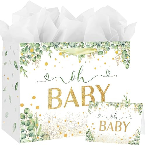 Geschenktasche groß 33 cm x 12 cm x 26 cm, luxuriöse Baby-Geschenktüte mit Grußkarte und Seidenpapier, Partytüten für Geschenke, große Geburtstagsgeschenktasche für Sie, Frauen, Männer,Babyparty