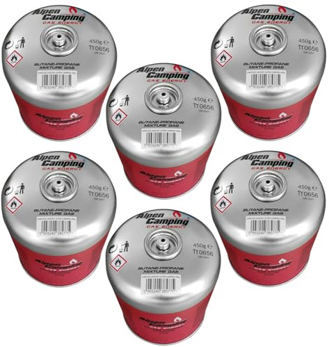 Alpen Camping 6-pack 450 g gaspatron EN 417 propan-butan 7/16 tum gänga – för spis utomhus brännare tältlager resa – certifierad PI 0437 – användning från – 10 °C till 40 °C (6 stycken)