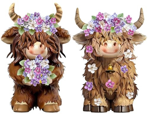 2 Pack Highland Cow Gifts, Highland Cow Decor, Kitchen Highlands Cows Ornaments Family with Flower,for Summer Home Garden Kitchen Office Tiered Tray Table Decors (Purple)