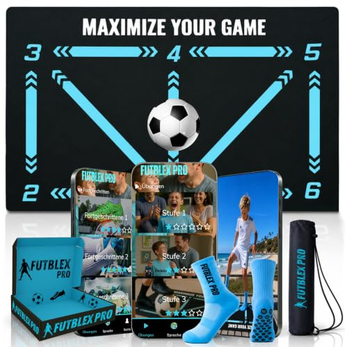 Tapis Entrainement Foot – Inclut une Application d’Entraînement avec Vidéos Interactives et Programmes Progressifs + Chaussettes Antidérapantes, Sac de Transport et Boîte Premium pour Cadeau