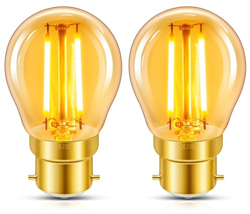 Caldarax B22 Bayonet Vintage Light Bulb, 2W LED Filament Equivalent 20 Watt, Antique Style Retro Amber Glass 2200K Warm White, 200LM, Non-dimmable, Golf Ball G45 Bulb, BC Bayonet Cap, 2 Packs