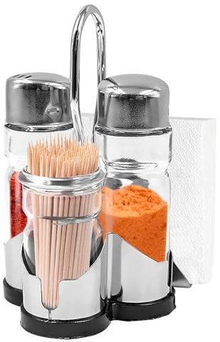 INHEMING Edelstahl Salz- und Pfefferstreuer Set, Salz- und Pfefferstreuer Set mit Halter, Salz-Pfeffer-Zahnstocher Set für Küche, Unterwegs, Wohnmobil, BBQ