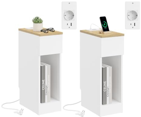 SoBuy Set of 2 Slim Bedside Table 20cm with Type-C Charging Station Bedroom | Narrow Nightstand & Side Table with Standard Outlet, USB Port, Drawer and Open Shelf, White, 20 x 35 x 60 cm, FBT111-E-WNx2