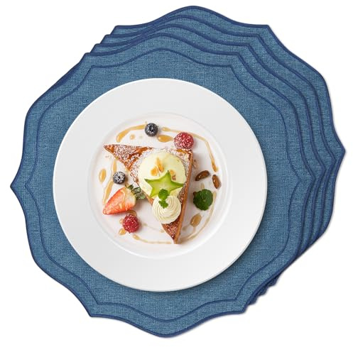 fanquare Manteles Individuales Redondo de Poliéster 39cm Juego de 4,Salvamanteles Individuales Lavables con Borde Ondulado Elegante Vintage para Mesa de Comedor Cocina(Azul Oscuro)
