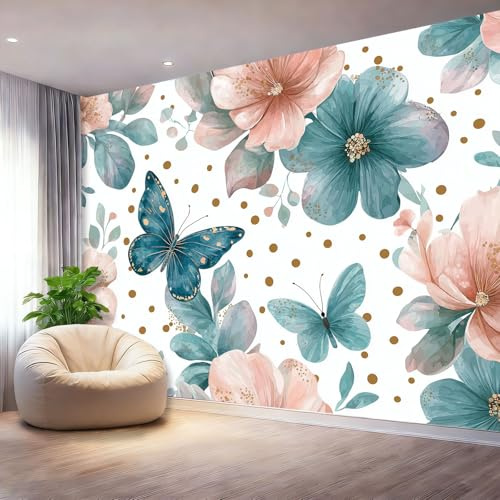 Panorama Carta da Parati Murale 150 x 105 cm, Acquerello Fiori Farfalla Pois Carta da Parati Fotografica Blu Rosa Murale Adesivo da Parete Poster Effetto 3D Decorazione Soggiorno