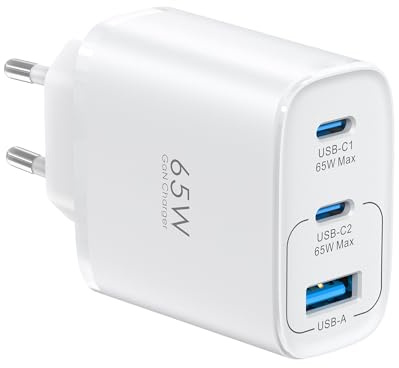 TOPADRE Cargador USB C 65W, 3-Ports Cargador Carga Rápida, Adaptador Tipo C | PPS PD 3.0 Enchufe USB C para MacBook Pro/Air, para iPhone 17/16/15 Pro MAX, para Galaxy S25/S24/S23, Pixel 10/9/8/7, Blanco