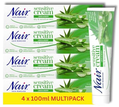 Nair Sensitive Hair Removal Cream, Argan Oil & Aloe Vera, 4x100ml Multipack | For legs and body, Gentle on delicate skin, Removes hair effectively