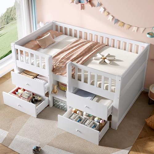 Xfholl 3ft Single Bed with Drawer Storage, Low Loft Bed for Children, Saving-space Design for Bedroom, Wood, White, 90 x 190 cm (No Mattress)