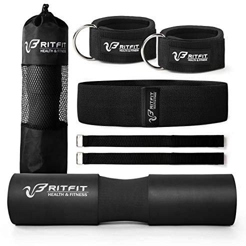 RitFit 7 Pcs Barbell Squat Pad Set, with Resistance Band, 2 Safety Straps, 2 Gym Ankle Straps & Carry Bag, Upgraded Neck & Shoulder Protective Pad Support for Squats, Lunges & Hip Thrust (Pink/Black)