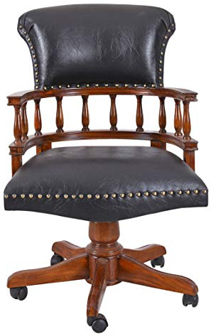 Englischer Bürostuhl Chesterfield Captains Chair Drehstuhl Mahagoniholz Kunstleder Handarbeit mit Rollen & Schnitzereien Nostalgischer Chefsessel Vintage Schreibtischstuhl Homeoffice Executive Chair