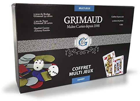 Grimaud multijeux Expert 78 Tarot, 2 Jeux de 54 Cartes, 6 dés et 72 jetons, À partir de 6 ans, Coffret façon Cuir Noir, 130007171
