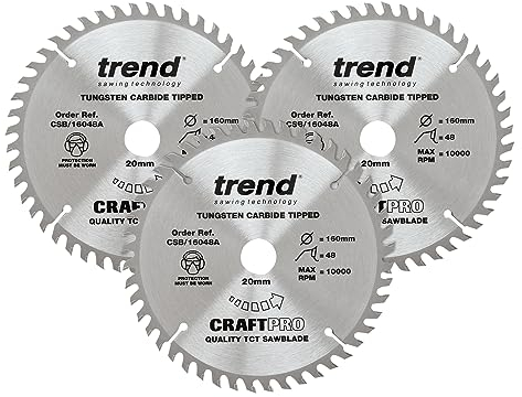 Trend Wood Circular Saw Blades, 160mm Diameter, 20mm Bore, 48 Teeth, 2.2mm Kerf, +15° Hook, TCT, Fine Finish, 3 Pack, CSB/160/3PK