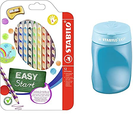 STABILO - Stifte-Set - Ergonomischer Buntstift für Linkshänder - EASYcolors - 12er Pack mit Spitzer & Ergonomischer Dosen-Spitzer für Linkshänder - EASYsharpener - 3 in 1 - blau
