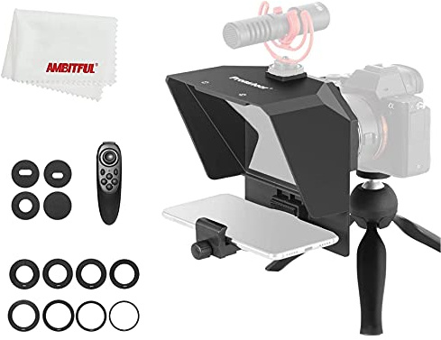 PRONSTOOR Teleprompter-kit bärbar inscriber mobiltelefon teleprompter artefakt video med fjärrkontroll för telefon och DSLR-inspelning (mini-teleprompter + ministativ) | med fjärrkontroll och APP-kontroll, 49-77 mm kameraadapterringar, idé för livestreaming/YouTube/Tiktok/videoinspelning