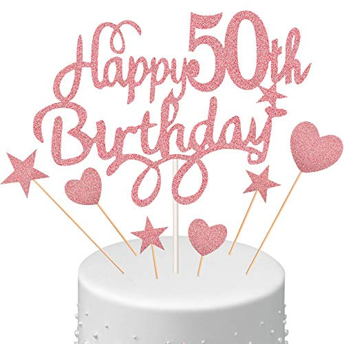 Boao Birthday Cake Topper Set with Heart Star Cupcake Picks, 50th | Glitter Birthday Cake Toppers with Heart Star Cupcake Picks for Anniversary Party Supplies