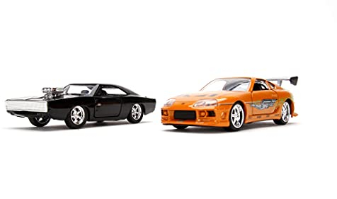 Jada 253204003 The Fast and The Furious Toys Twin Set, 1970 Dodge Charger (Street) & Toyota Supra, Modellauto, Spielzeugauto, Türen zum Öffnen, Maßstab 1:32, schwarz & orange