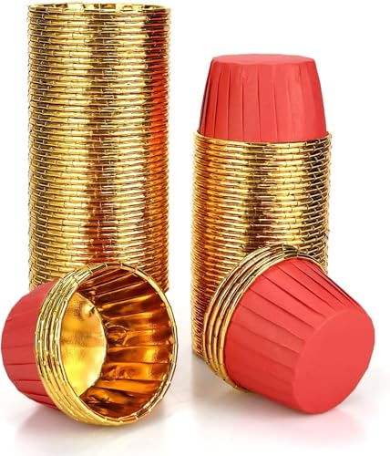 100 Pcs Cupcake Cases, Cake Muffin Liners, Greaseproof Foil Baking Cups Paper Wrappers, Metallic Cake Cups Household Oven Birthday Wedding Party Muffins Pastry Molds (Red)