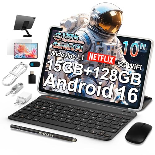 TECLAST P30T Android 16 Tablet 10 Pulgadas, 120Hz Tablet 10 Accesorios, 2GHz Octa-Core, 15GB RAM+128GB ROM(5TB TF), Widevine L1/GPS/6000mAh, Gemini AI Tablets con Teclado+Lápiz+Funda+Ratón+Auriculares