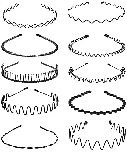 10 Stück Metall Haarband Multi-Style Metall-Haarreifen Schwarz Spring Wave Haarband Unisex rutschfester Haarband Stirnband Zubehör für Yoga-Sport im Freien