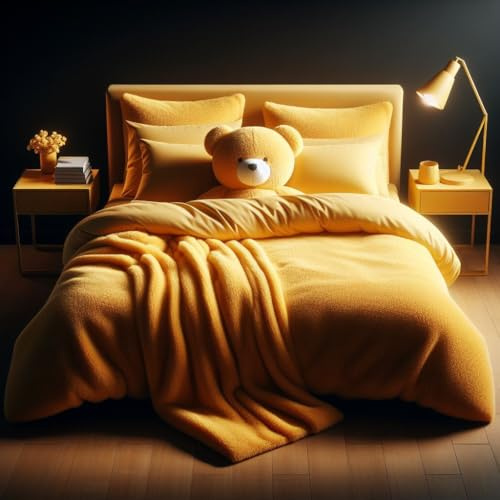 Set di biancheria da letto in pile super morbido Comfort Collections, con copripiumino Teddy Bear, calda trapunta invernale con federe, letto king size ocra, circa 230 x 220 cm