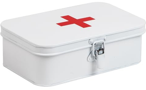 Mind Reader Galvanized Steel Vintage First Aid Storage Box, Container with Buckle Lock, Organizer for Medical Supplies, Bandages, Locking Medicine Tin, White