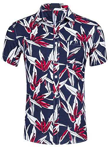 MANLUODANNI Hawaiihemd Herren Kurzarm Sommerhemd Hawaii Print Baumwolle Kurzarm Hemd Funky Look für Karneval Party Dunkelblau XL