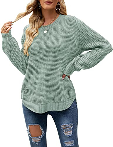MEROKEETY Women's Winter Fall Long Sleeve Tunic Sweaters 2026 Casual Trendy Crew Neck Waffle Knit Pullover Tops Jumper, Sage, XL