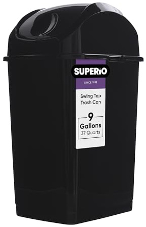 Superio Kitchen Trash Can with Swing Top Lid 9 Gallon Slim Waste Bin 37 Qt Sturdy Plastic Garbage Can Medium Recycling Bin for Office, Bathroom, Under Counter, Dorm, Bedroom (Black)