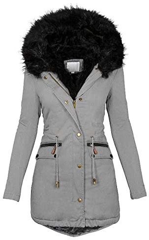 LUNULE Damen Winterjacke Einfarbig Mittellanger Parka Mantel Mit Kapuze Gefüttert Plüschmantel Kunstfell Winterparka Lang Outdoor Fleecejacke Winter Fleece Wintermantal Warm Outdoorjacke Militärjacke