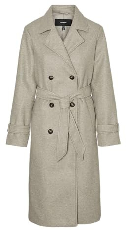 VERO MODA Damen Mantel VMFortunevega Long Trenchcoat langer Winter Wollmantel 10289870 Silver Mink Melange M