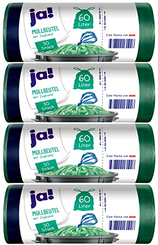 ja! 120 Müllbeutel/Mülltüten mit Zugband, 60 Liter, 30 Stück pro Rolle, reißfeste Bodennaht, transparent, 4 Rollen