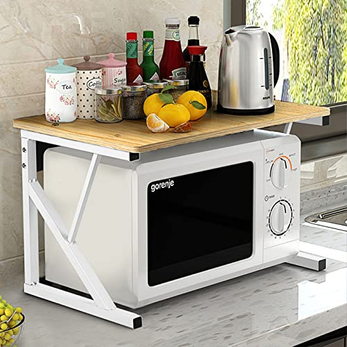 SHISHI Support à Micro-Ondes en Métal et Bois, 2 Niveaux, Étagère de Cuisine Comptoir, Étagère Rangement Cuisine, Organisateur de Rangement Extensible, 54×34,5×35 cm - Blanc-Bois