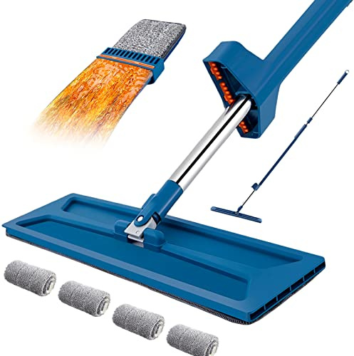 Balai Serpillère avec Essorage Intégré, Vadrouille de Nettoyage Rotative à 360° avec 4 Tampons Microfibre, Mop à Rangement Debout, pour Nettoie des Sols Bois Dur, Carrelage et Stratifié (Bleu)