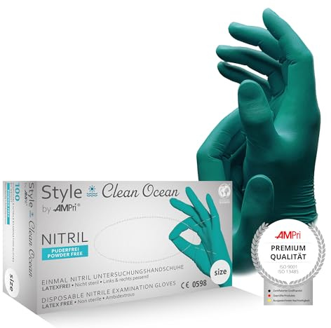 AMPRI Nitrilhandschuhe, türkis, 100 Stück/Box, Größe L, puderfrei, Style CLEAN OCEAN by Med-Comfort: Nitril Einmalhandschuhe, Einweghandschuhe in den Größen XS, S, M, L, XL