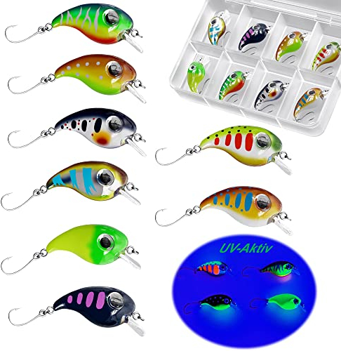 Messeneuheit 2023 Forellen Wobbler Set Schwimmend 8 Stück 2g 3cm in Köderbox | 1-2 Meter Tauchtiefe | Wobbler Forelle mit Einzelhaken | Mini Wobbler Forelle Barsch Saibling Döbel