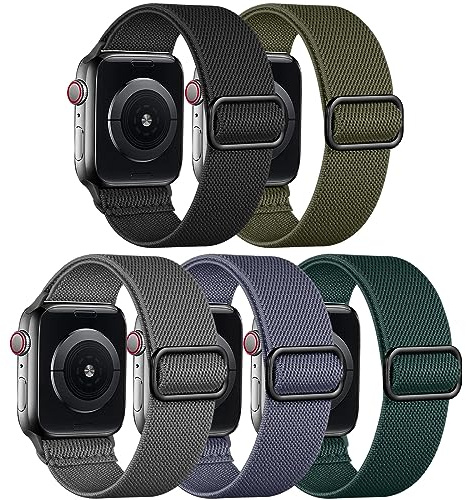 Adorve 5-pack stretchiga Solo Loop-band kompatibla med Apple Watch Band 38 mm 40 mm 42 mm 44 mm 41 mm 45 mm för kvinnor män, mjuka elastiska flätade ersättningsremmar i nylon för iWatch SE serie 7/6/5