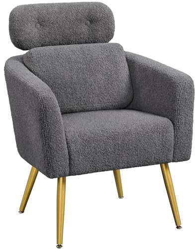 Yaheetech Tub Chair, Cozy Living Room Chair with Adjustable Headrest, Boucle Armchair with Lumbar Pillow and Golden Legs, Modern Accent Chair for Bedroom Lounge Waiting Room Office, Dark Grey