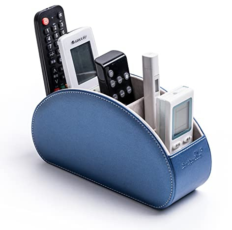 SANQIANWAN Fernbedienungshalter für Aufbewahrungsbox aus PU-Leder, Fernbedienungshalter mit 5 Fächern für TV-Receiver, DVD, Schreibtisch, Stift, Küche, Badezimmer, Make-up (Blausilber)