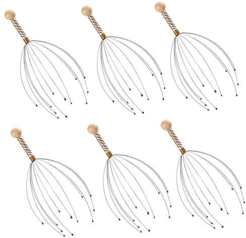 Stahl Oktopus Kopfhautmassagegerät mit Holzgriff 6 Stück | Kopf und Beine, Triggerpunkt Design, Ganzkörpermassage, Ergonomische Handhabung, Leichtes Werkzeug zur Stresslinderung