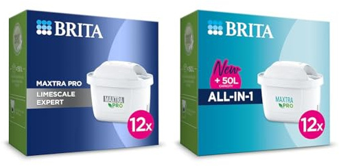 MAXTRA PRO Limescale Expert Water Filter Cartridge 12 Pack - Original BRITA Refill & MAXTRA PRO All in One Water Filter Cartridge 12 Pack - Original BRITA Refill reducing impurities, Chlorine