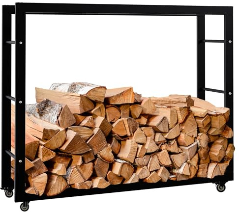 CLP Kaminholzständer Keri mit Rollen I Kaminholzregal aus schwarzem Metall I Aufbewahrung für Brennholz, Farbe:schwarz, Größe:25x100x80 cm